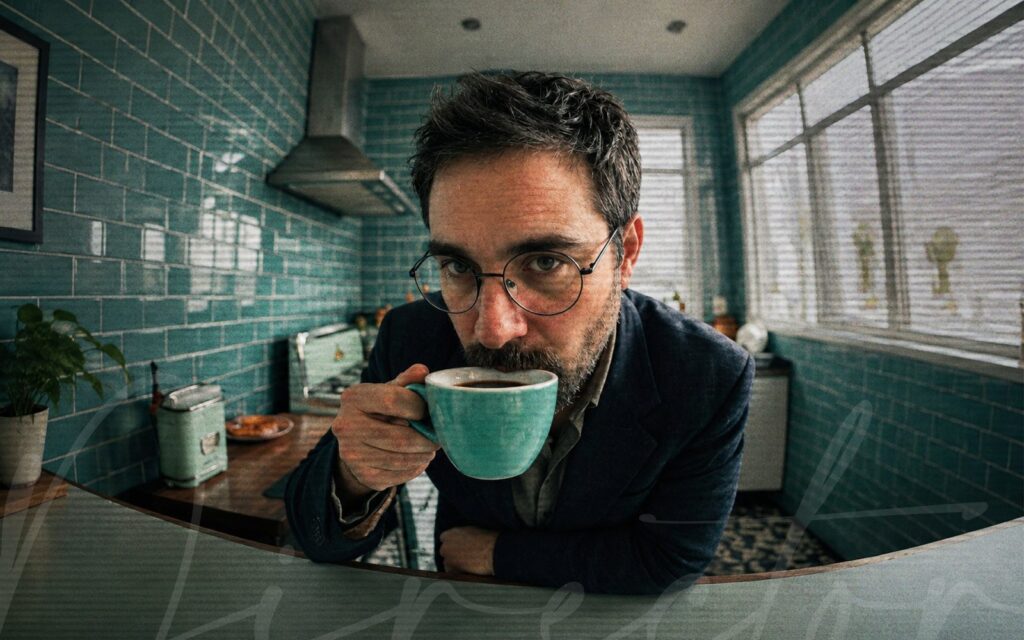 Ahmad Abu Goura, Creative Director at AGSketches, drinking coffee in a teal-tiled kitchen