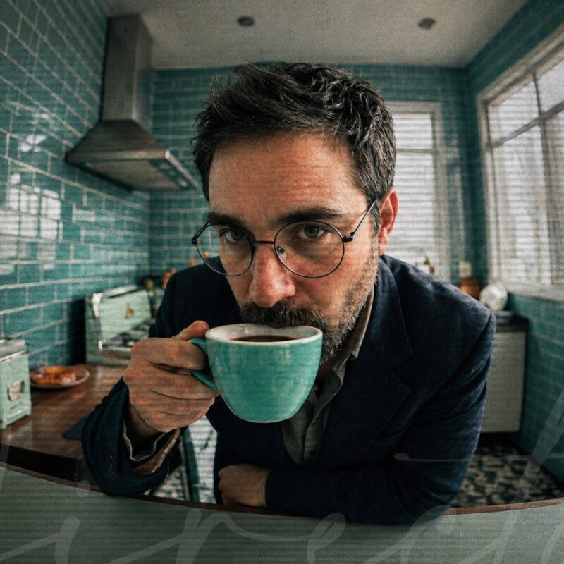 Ahmad Abu Goura, Creative Director at AGSketches, drinking coffee in a teal-tiled kitchen