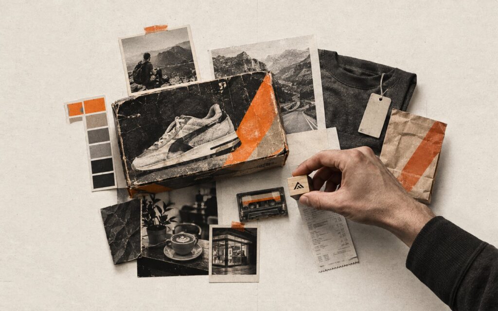 Moodboard of a brand system: sneaker box, colour swatches, photos and a stamp with the brand mark — A logo is not a brand