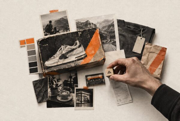 Moodboard of a brand system: sneaker box, colour swatches, photos and a stamp with the brand mark — A logo is not a brand