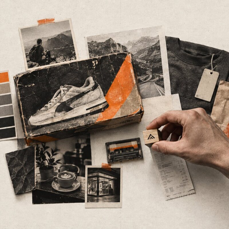 Moodboard of a brand system: sneaker box, colour swatches, photos and a stamp with the brand mark — A logo is not a brand