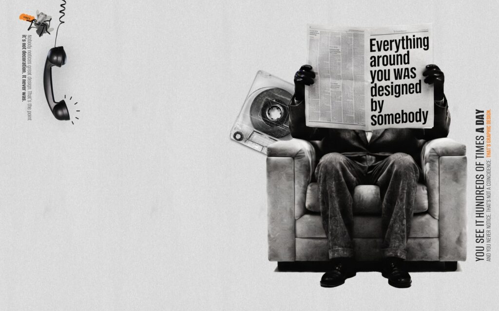 A man in an armchair hides behind a newspaper reading "Everything around you was designed by somebody" — AGSketches Decisions