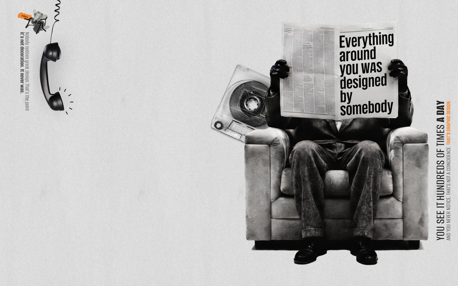 A man in an armchair hides behind a newspaper reading "Everything around you was designed by somebody" — AGSketches Decisions